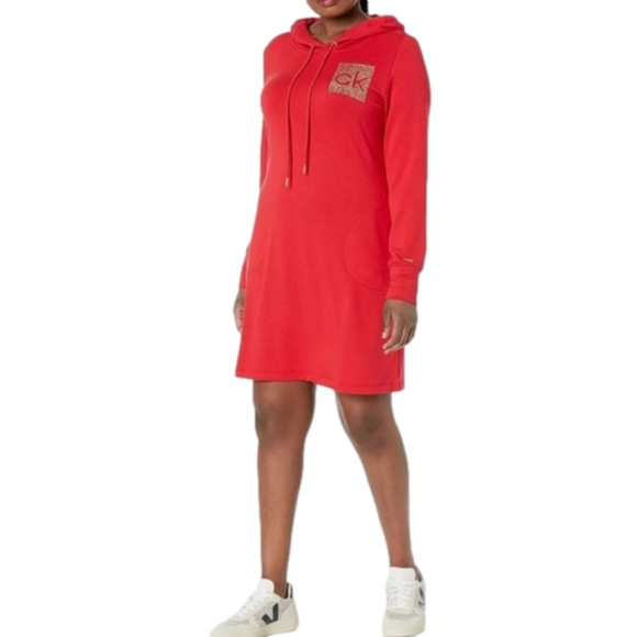 Calvin Klein Red‎ and Gold Logo Studded Long Sleeves Hooded Dress Plus Size 3X - Picture 1 of 13